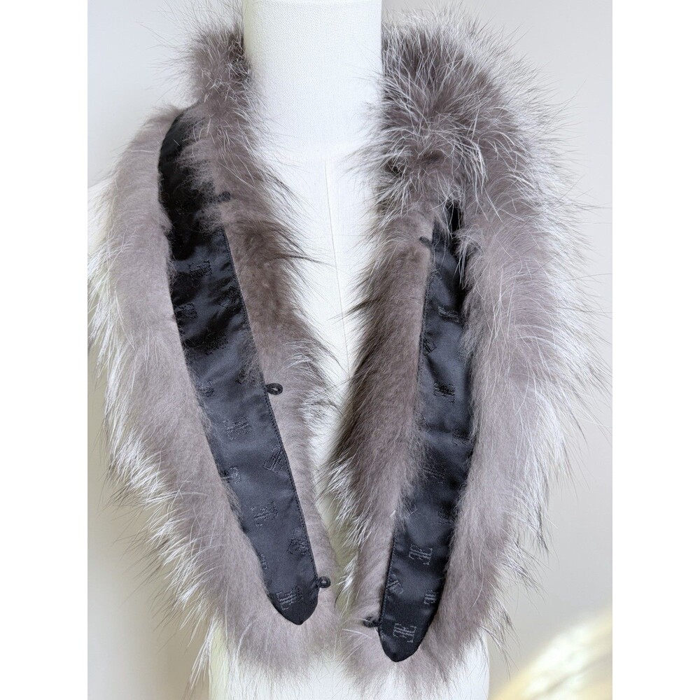 Vintage Genuine Silver Fox Fur Collar Scarf Stole Gray Black Satin Lined - Picture 8 of 8